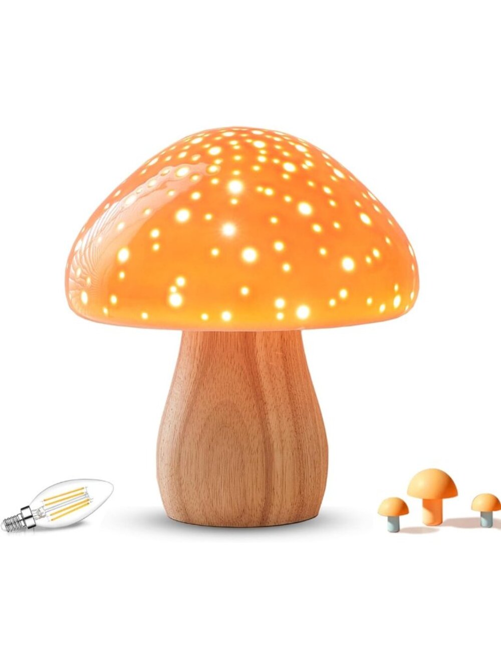 Ceramic Mushroom Bedside Table Lamp - Stylish Orange Night Light for Bedroom